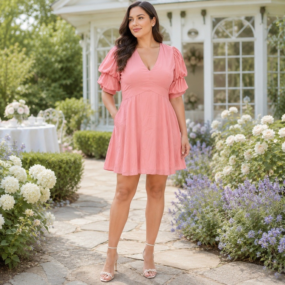 1.STATE Dress Large Rose Pink Tiered Bubble Puff Sleeve Fit Flare Mini Pockets